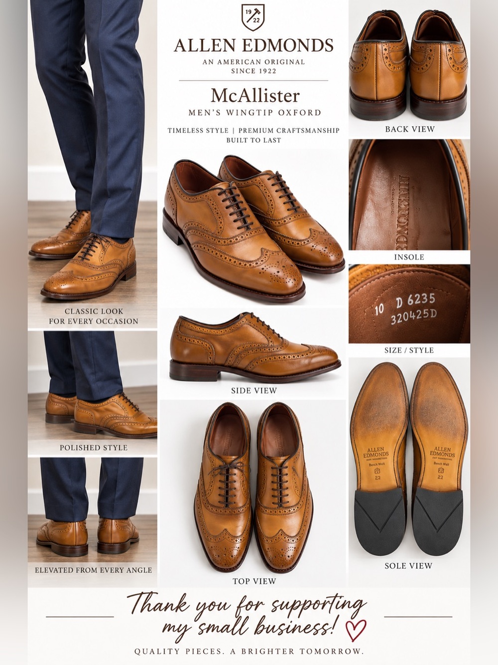 Allen Edmonds McAllister Men’s 10 D Walnut Leather Wingtip Brogue Oxford Shoes
